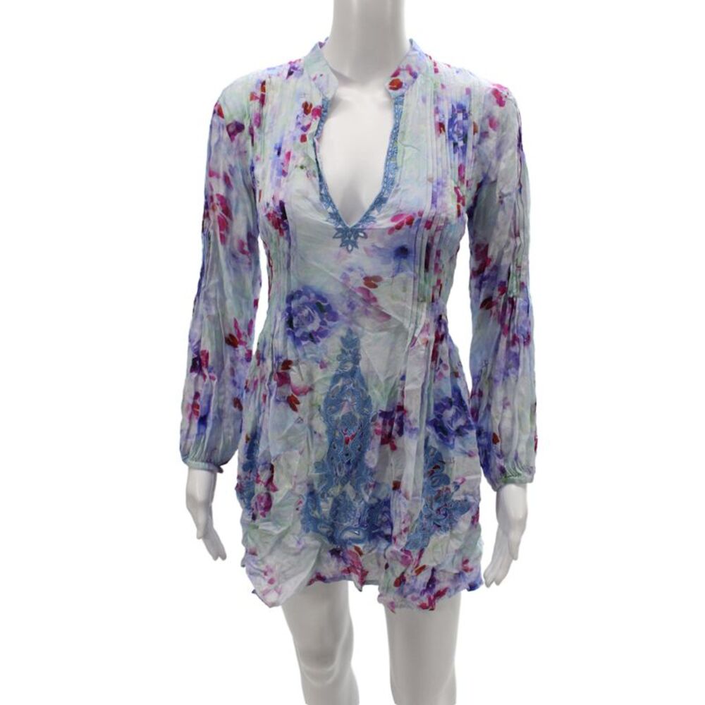 Taj Women Tunic Blue Floral V Neck Long Sleeve Cotton Size S